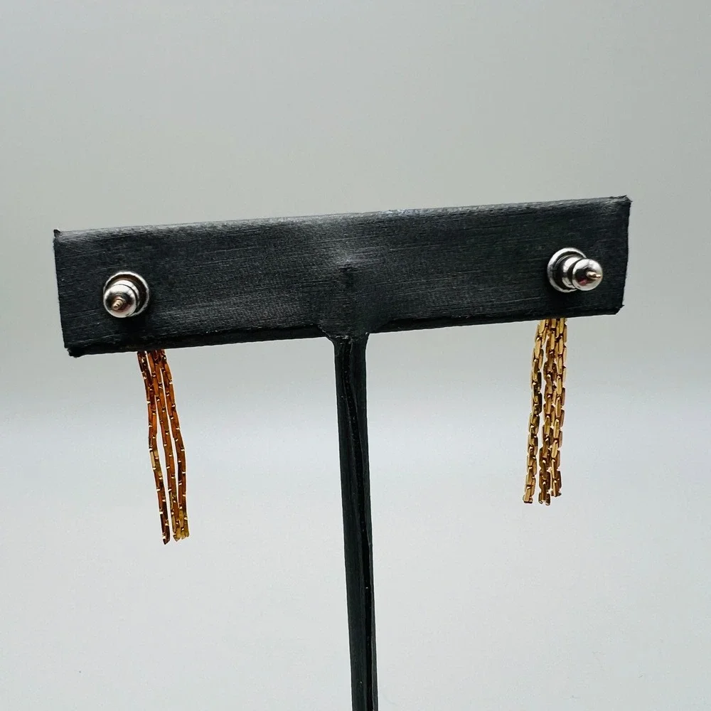 Gold Tone‎ Spiral Square Post Earrings with Multi Chain Tassel Dangle Drops